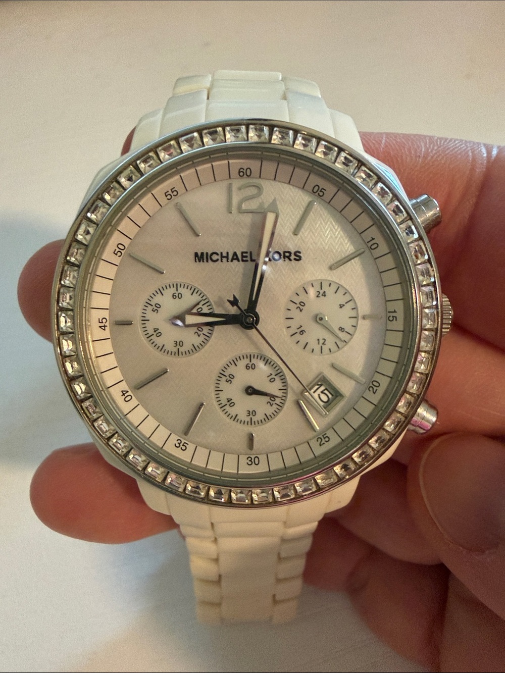 Michael Kors White and Silver Crystal-Trim Chronograph Watch